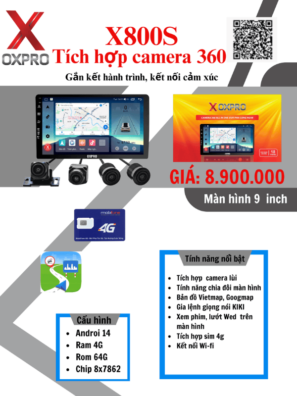 Màn hình Android Oxpro X800S New Tích Hợp Cam 360
