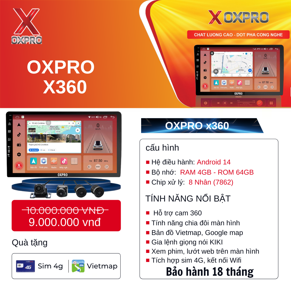 Màn hình Android Oxpro X360 New Tích Hợp Cam 360